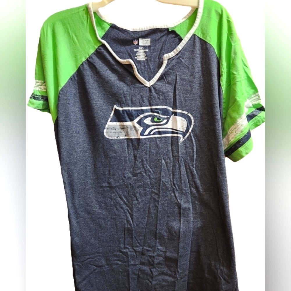 Women's Seattle Seahawks Blue Gray Relaxed  V-Neck T-shirt NFL Team Apparel 3x
